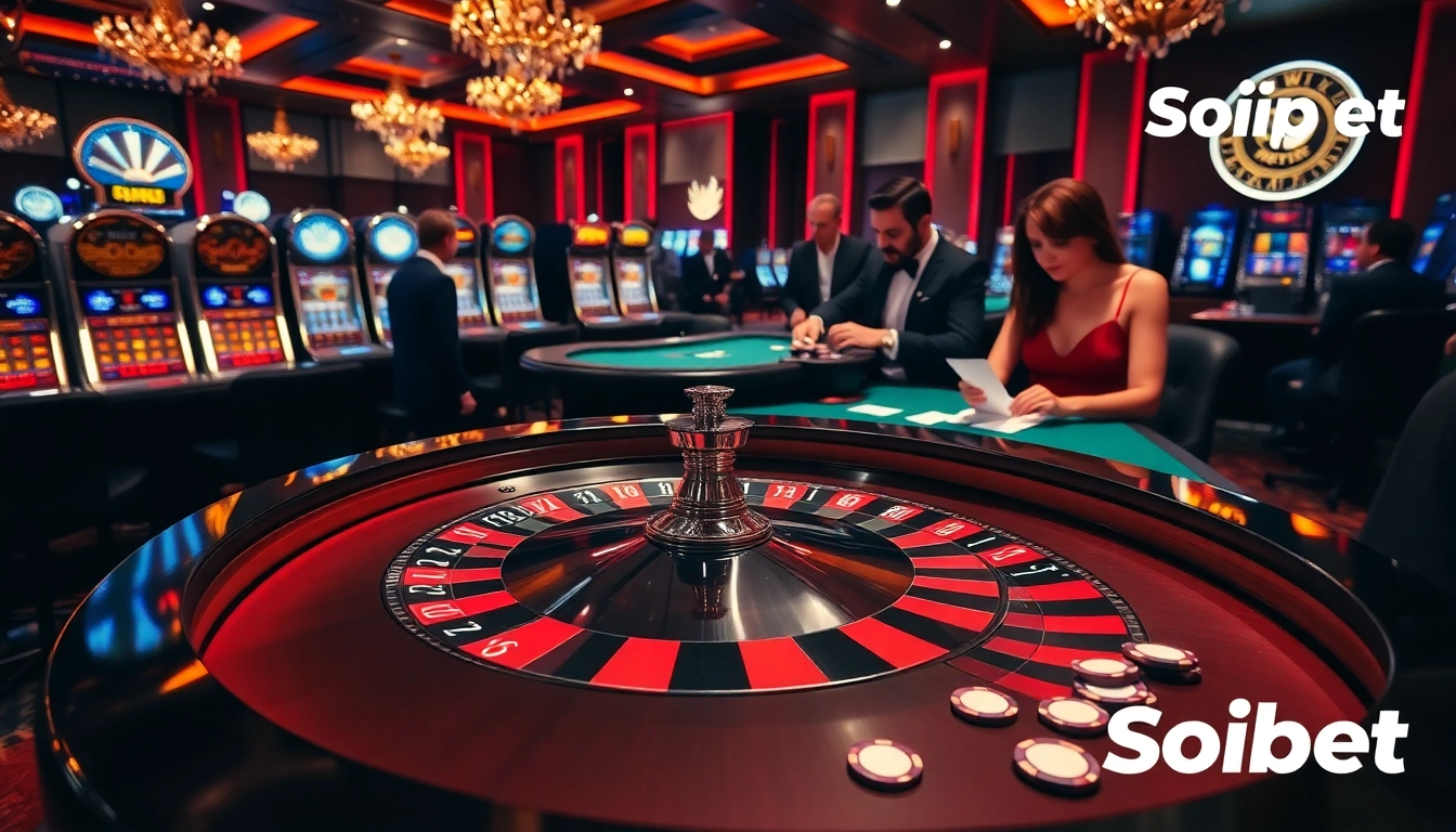 Soibet casino scene showcasing vibrant roulette and poker action in a luxurious setting.