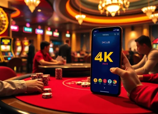 Gamblers excitedly using the 24kclub app in a luxurious casino setting with vibrant games and tables.