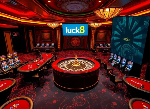 Experience the excitement of luck8 in a vibrant casino setting with roulette and poker tables.