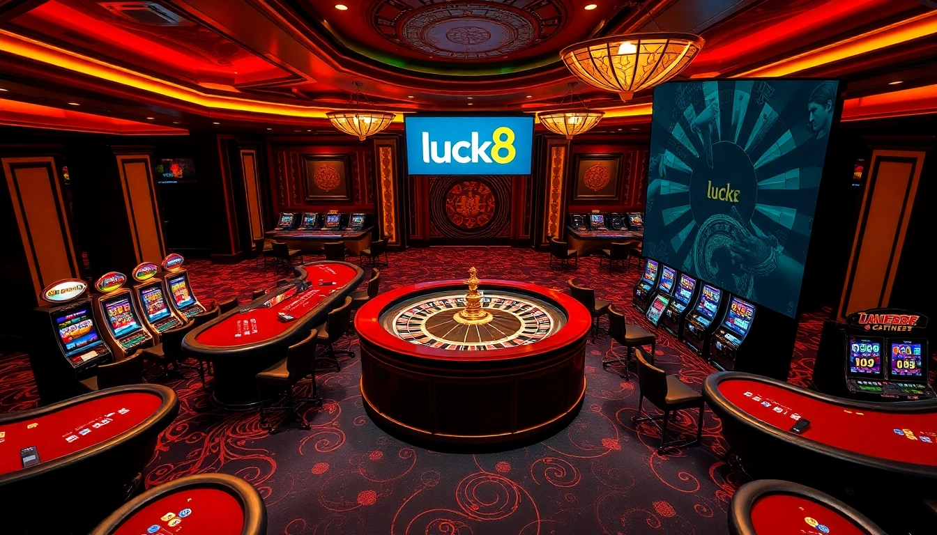Experience the excitement of luck8 in a vibrant casino setting with roulette and poker tables.
