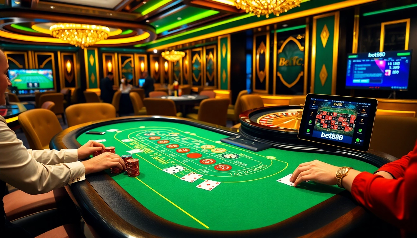 Engaging scene of players enjoying games at bet888 casino with vibrant decor and luxury elements.