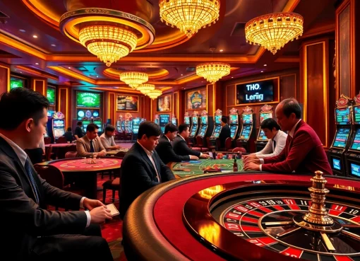 Bancadoithuong players engaging in exciting casino games with vibrant tables and slot machines.
