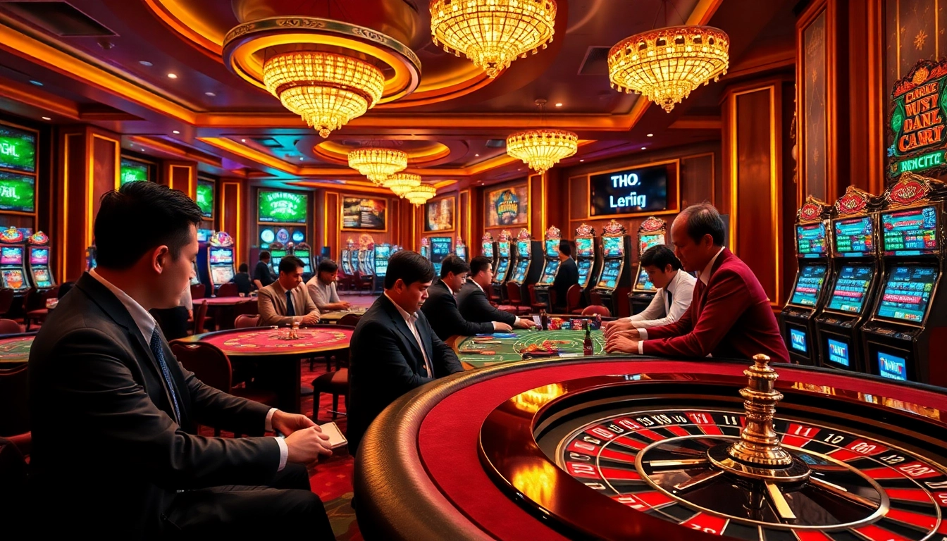 Bancadoithuong players engaging in exciting casino games with vibrant tables and slot machines.