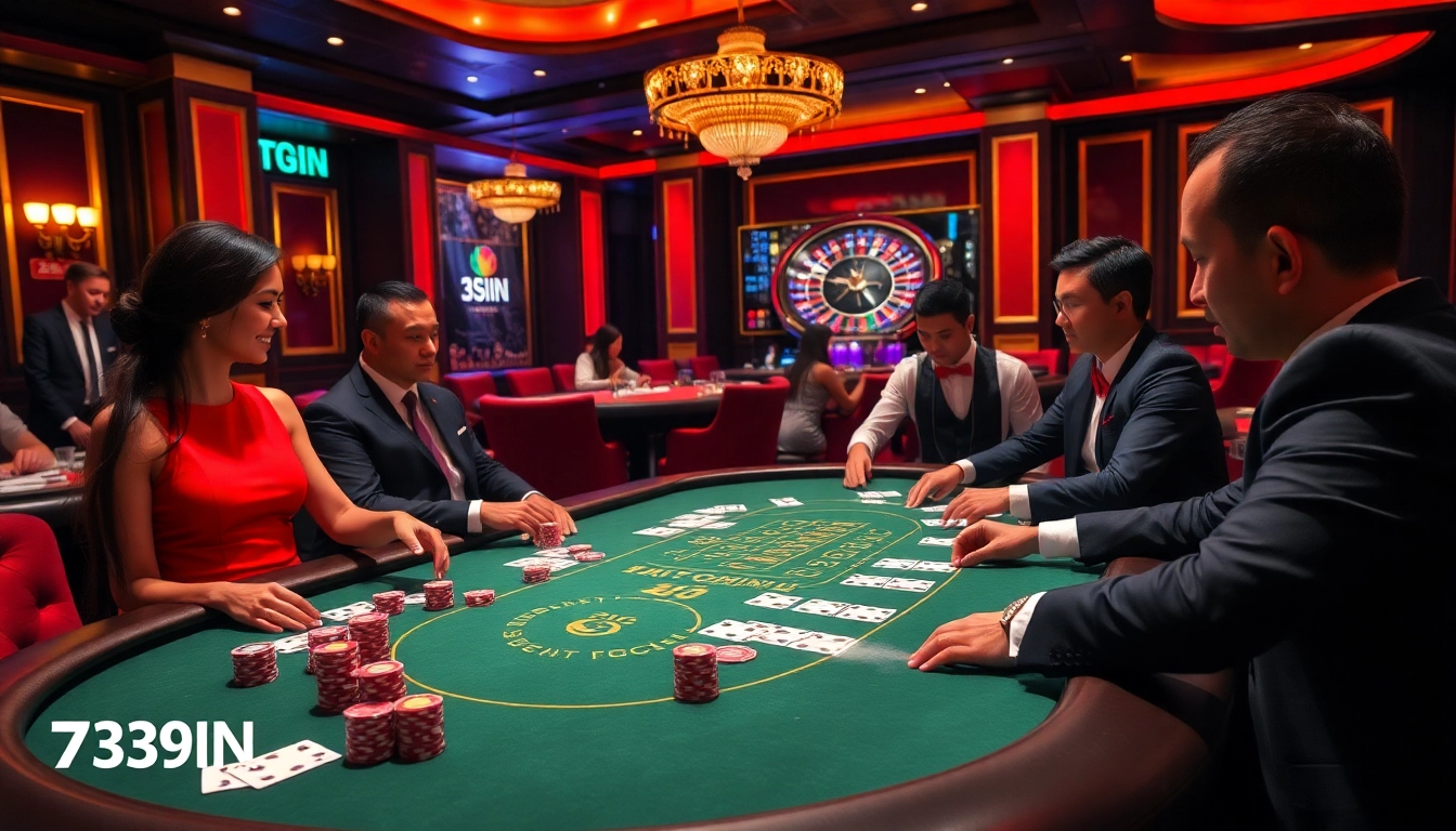 Engaged players enjoying a high-stakes poker game at 789WIN Casino, highlighting luxury and excitement.