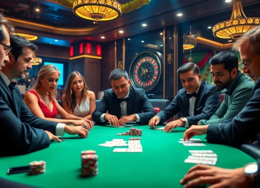 A thrilling poker game scene at https://tg88co.com/ showcasing intense players, vibrant chips, and an upscale casino atmosphere.