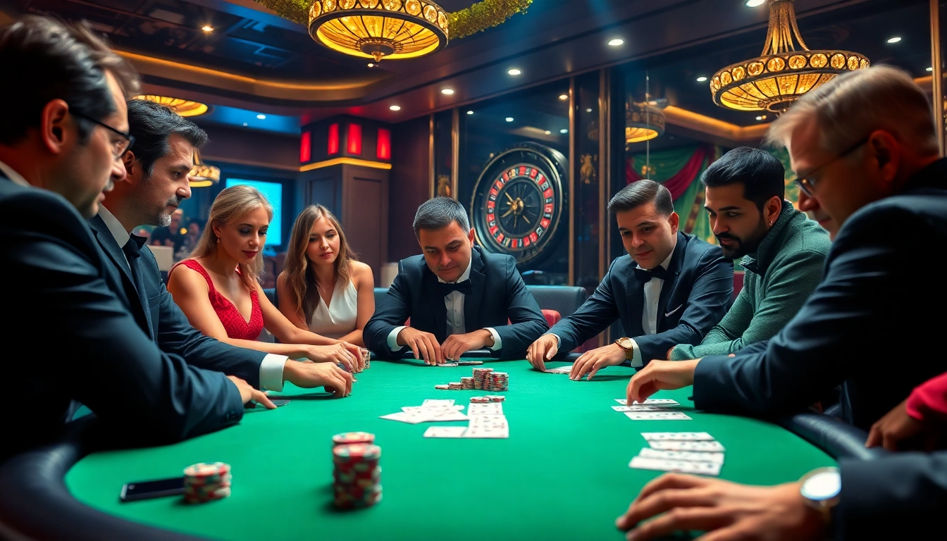 A thrilling poker game scene at https://tg88co.com/ showcasing intense players, vibrant chips, and an upscale casino atmosphere.