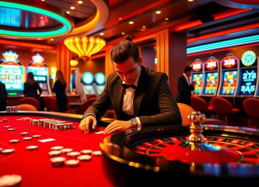 Engaging scene at nhà cái Man88 showcasing an exciting casino atmosphere with poker and slots.
