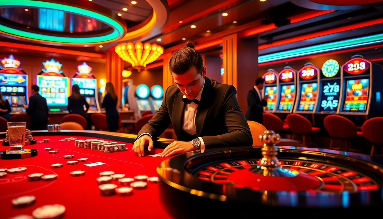 Engaging scene at nhà cái Man88 showcasing an exciting casino atmosphere with poker and slots.