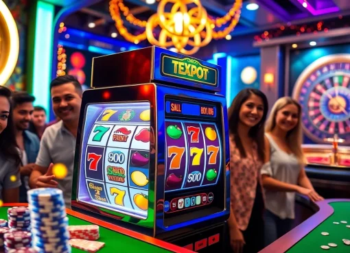 Players experiencing the thrill of winning on a slot machine in a vibrant casino.