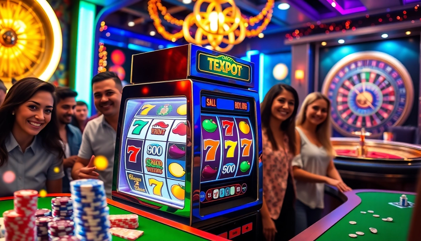Players experiencing the thrill of winning on a slot machine in a vibrant casino.