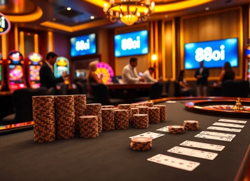88i casino scene with poker chips, cards, and roulette wheel in an elegant atmosphere