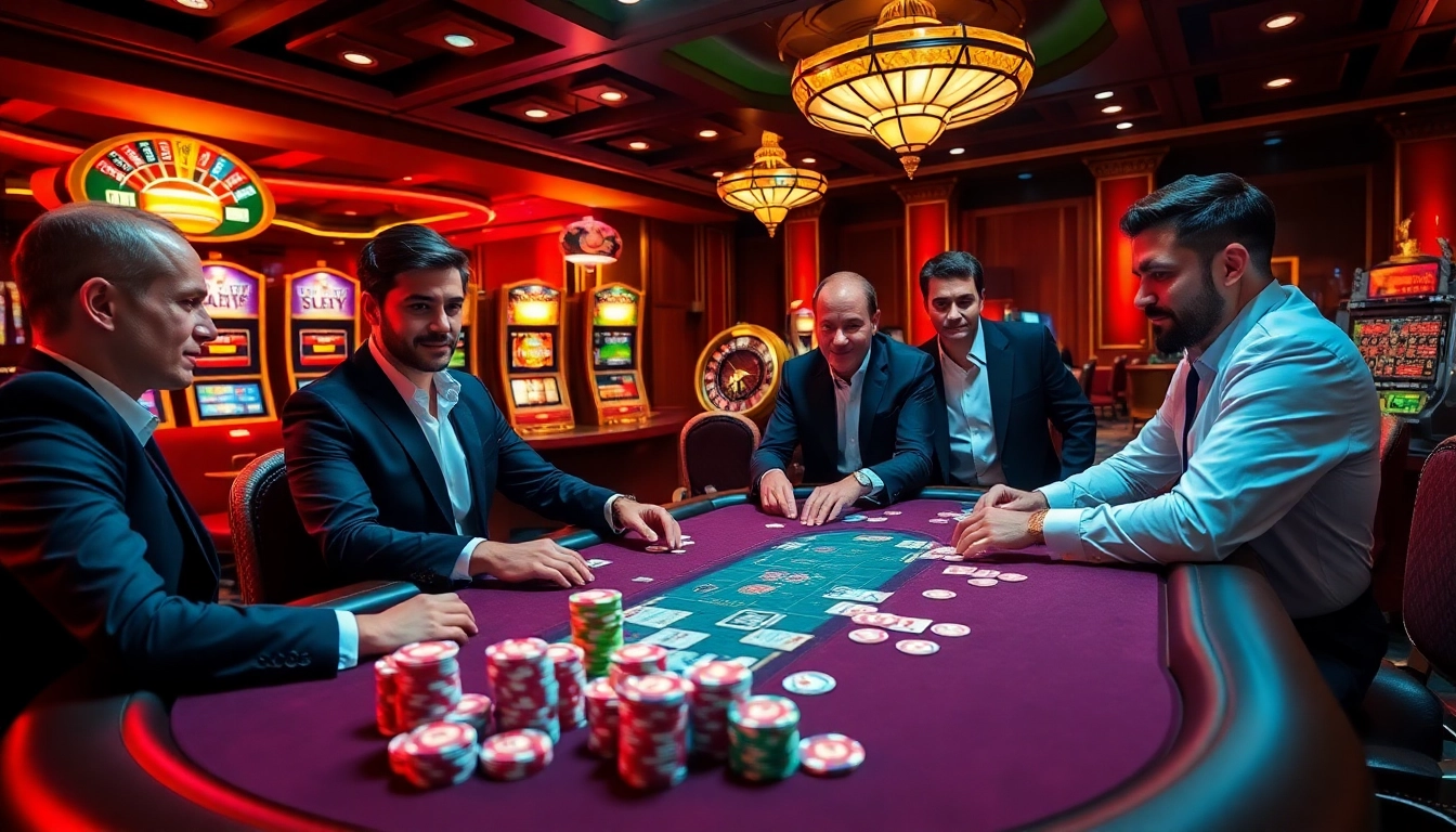 Players engage in a thrilling game at i9bet's luxurious poker table with colorful chips.