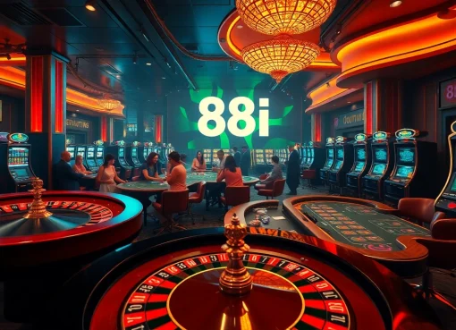 A lively casino scene at 88i showcasing players at roulette and poker tables, emphasizing thrilling betting action.