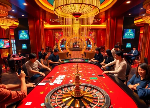 Players engaging in a gamebaidoithuong table with colorful chips and cards in an exciting casino.