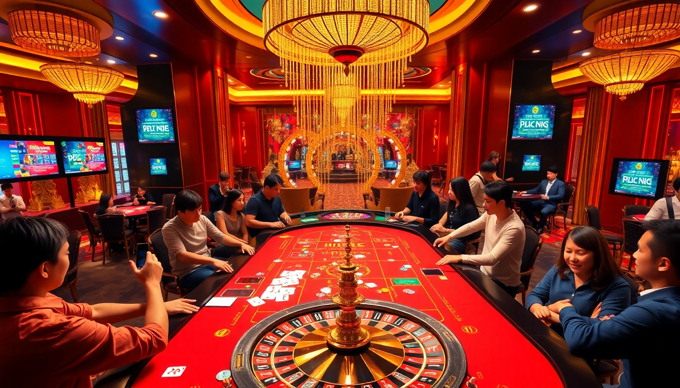Players engaging in a gamebaidoithuong table with colorful chips and cards in an exciting casino.