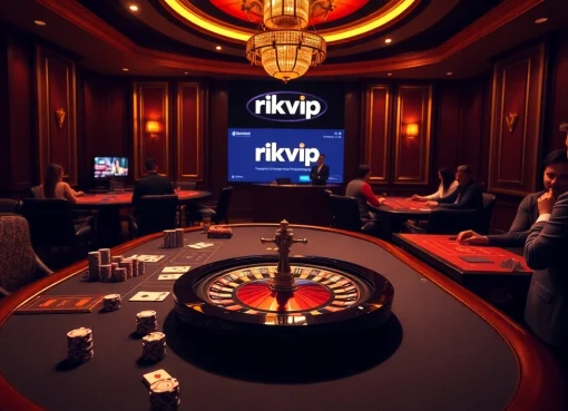 Play exciting games at rikvip casino highlighting lavish poker tables and roulette wheels.