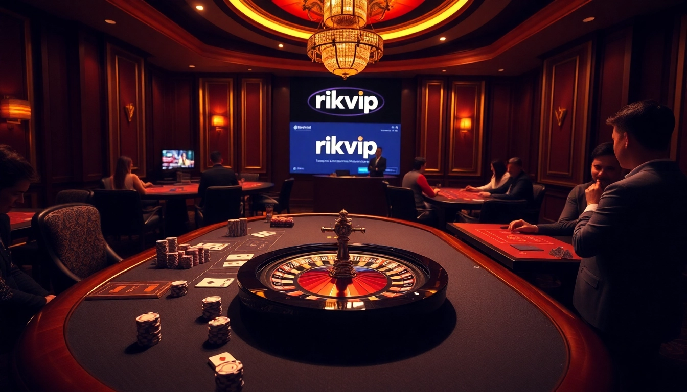 Play exciting games at rikvip casino highlighting lavish poker tables and roulette wheels.