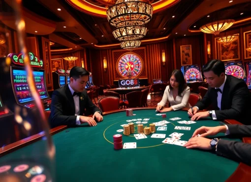 Engage with thrilling gameplay at GO88 poker tables amidst glamorous casino visuals.