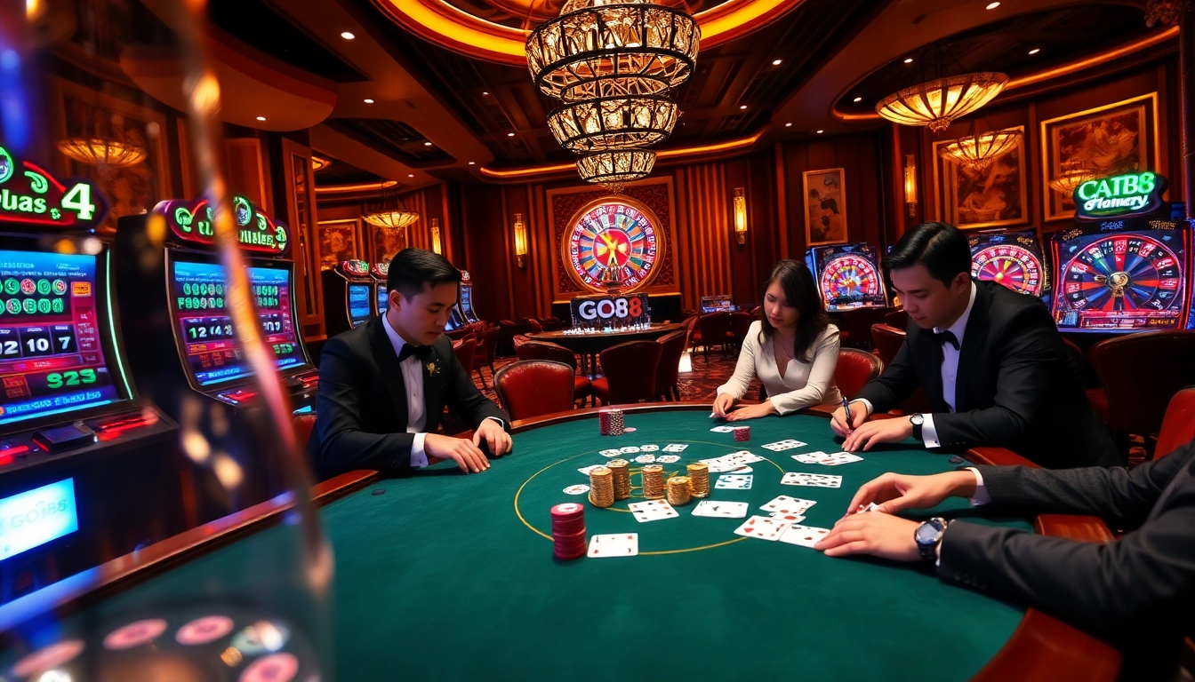Engage with thrilling gameplay at GO88 poker tables amidst glamorous casino visuals.