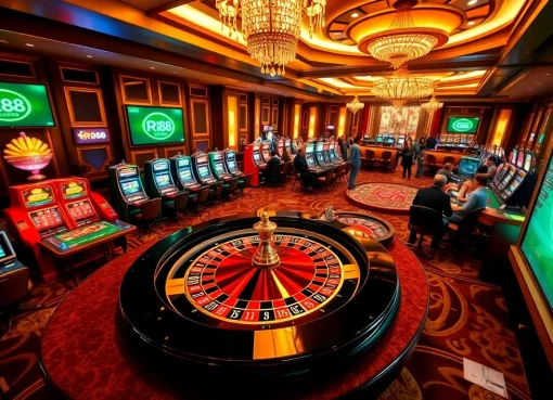 Engaging scene at RR88 casino with players enjoying table games and slot machines in a luxurious setting.
