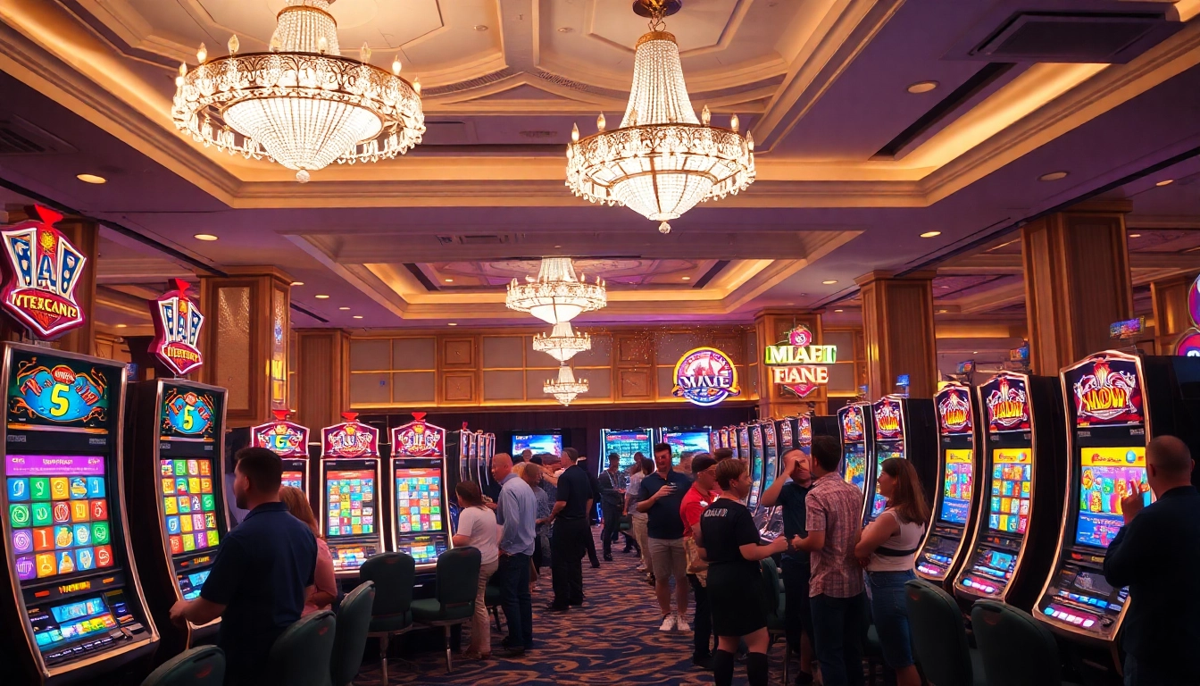 Excited players enjoying vibrant slot machines in a luxurious casino setting.