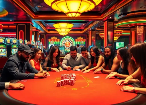 Players enjoying an exciting game of poker at phwin casino, surrounded by vibrant slot machines.