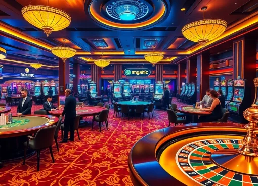 Players engaging in exciting casino games at https://mm88.us.com/, featuring roulette wheels and vibrant slot machines.