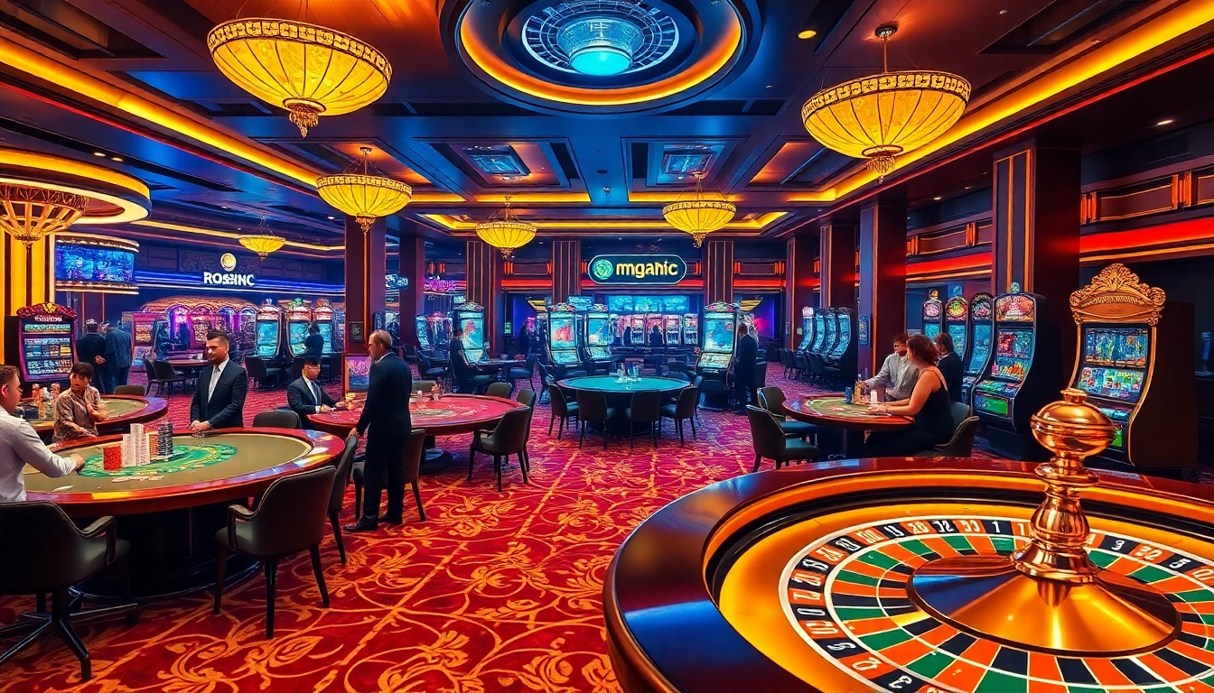 Players engaging in exciting casino games at https://mm88.us.com/, featuring roulette wheels and vibrant slot machines.