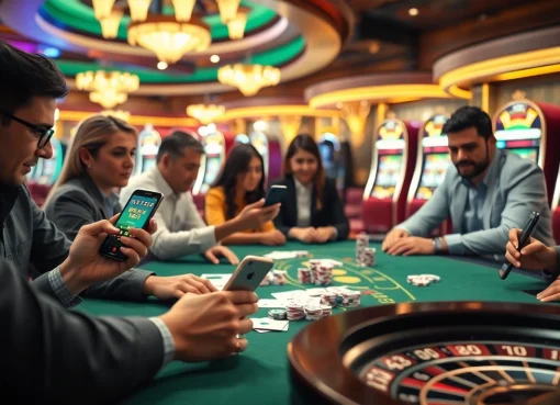 Người chơi đang tận hưởng trải nghiệm với ứng dụng BetVIP trong một casino sôi động, có bàn poker và máy đánh bạc.