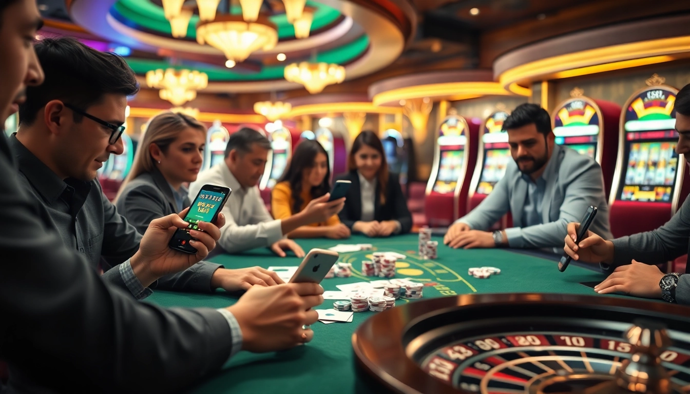 Người chơi đang tận hưởng trải nghiệm với ứng dụng BetVIP trong một casino sôi động, có bàn poker và máy đánh bạc.