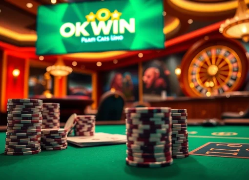Experience thrilling games at OK WIN casino with vibrant poker tables and roulette wheels.