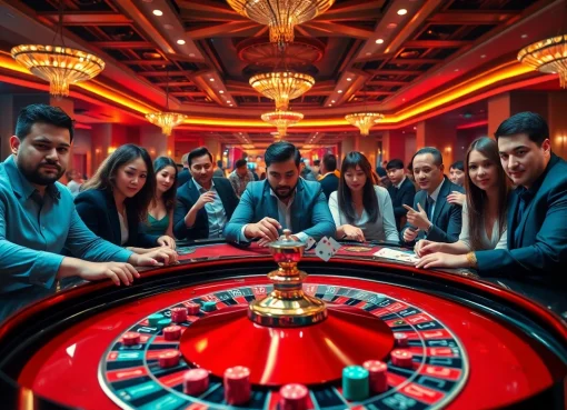 Excited players betting at the 98win casino roulette table in a luxurious atmosphere