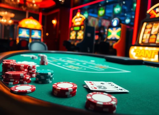 Experience the thrill of rik vip at a luxurious casino table with vibrant slot machines and poker action.
