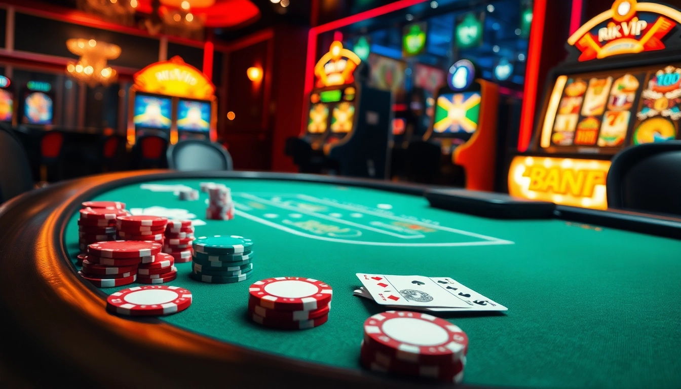 Experience the thrill of rik vip at a luxurious casino table with vibrant slot machines and poker action.