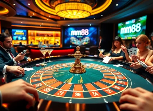 Engage in a thrilling atmosphere at a luxurious mm88 casino, surrounded by vibrant roulette gameplay and players.