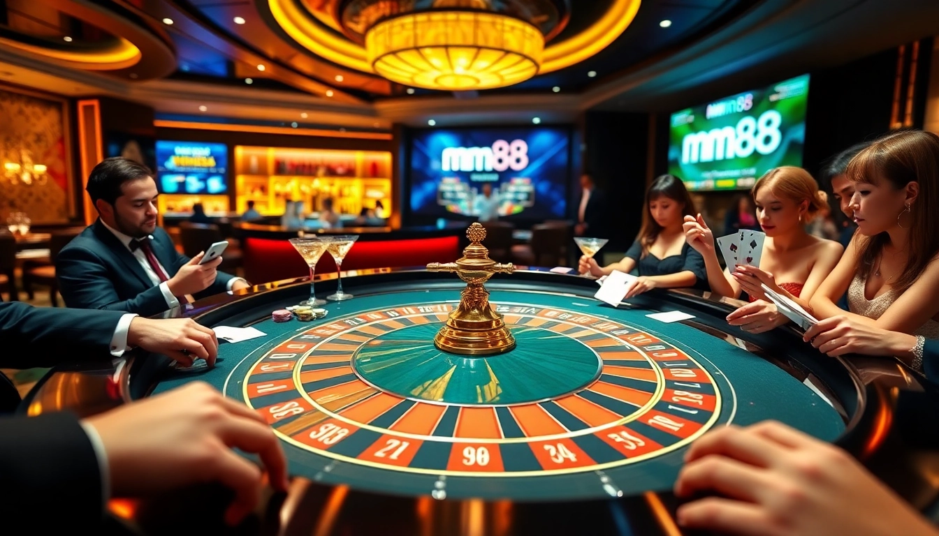 Engage in a thrilling atmosphere at a luxurious mm88 casino, surrounded by vibrant roulette gameplay and players.