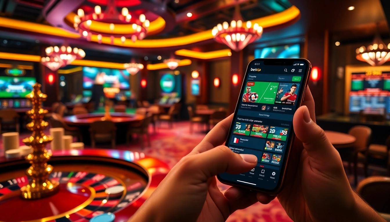 Người chơi tương tác với ứng dụng BetVIP giữa các yếu tố casino sống động.