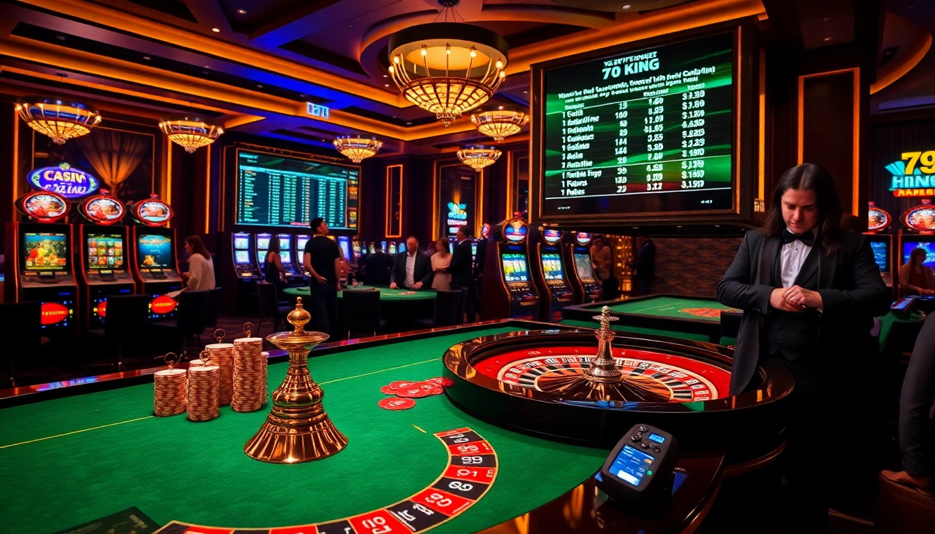 Experience the excitement of 79 king at a luxurious casino filled with vibrant roulette tables and poker chips.
