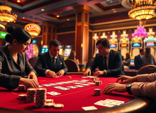 Excited players at a luxury blackjack table enjoying games linked to https://88i8i.net/ as vibrant chips and cards shine.