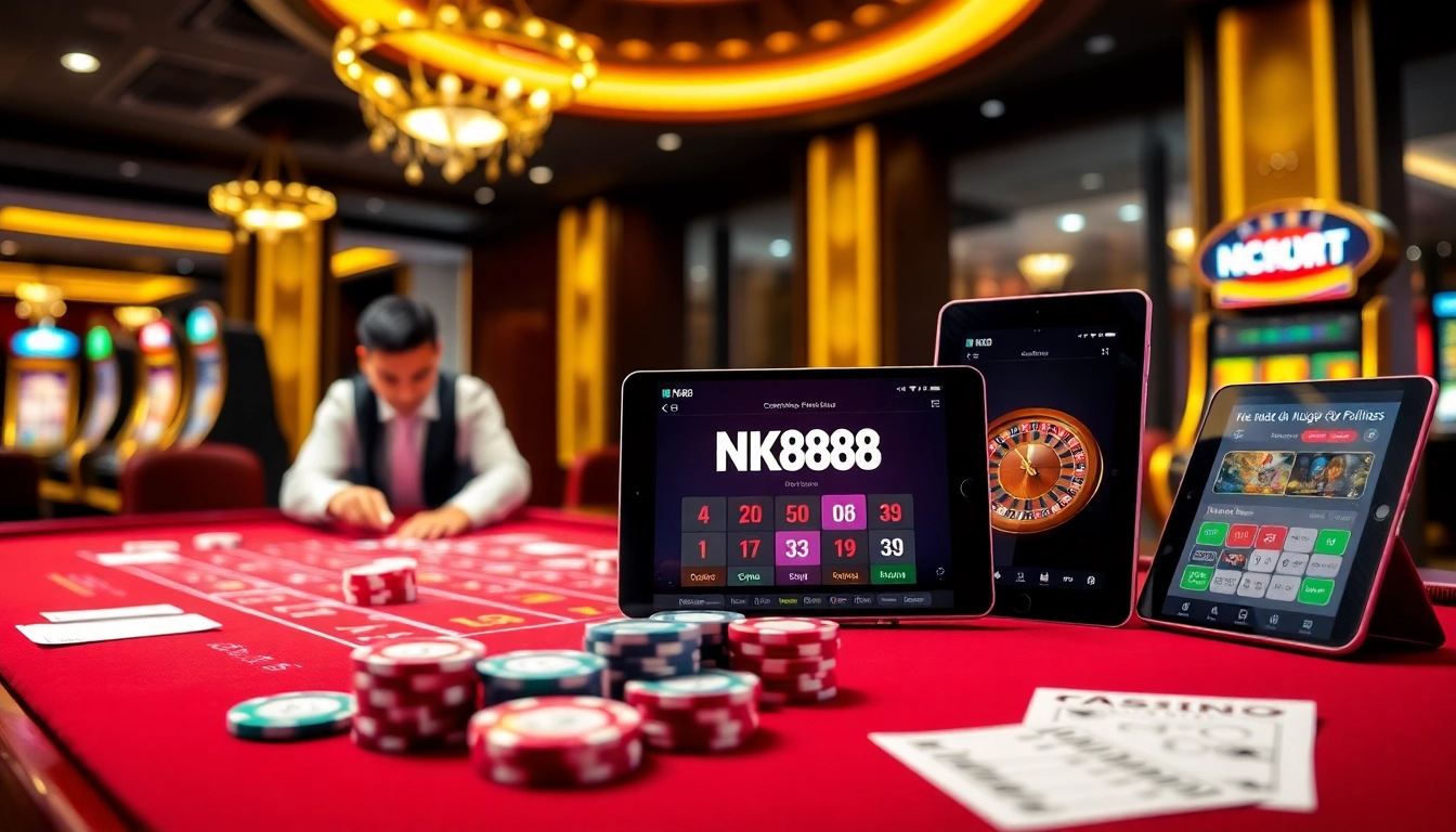 Engaging NK88 online casino scene with vibrant tables, chips, and modern devices for gambling.
