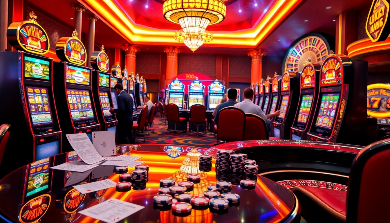 Players celebrating wins on slot gacor terpercaya machines surrounded by vibrant casino ambiance.