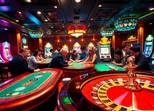 Engage with thrilling casino action at nhà cái NOHU90, featuring vibrant poker tables and slot machines.