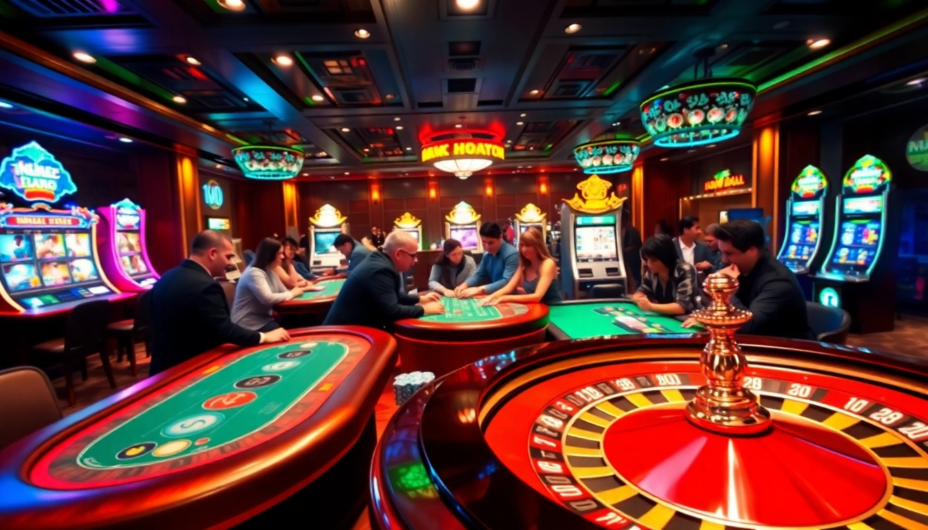 Engage with thrilling casino action at nhà cái NOHU90, featuring vibrant poker tables and slot machines.