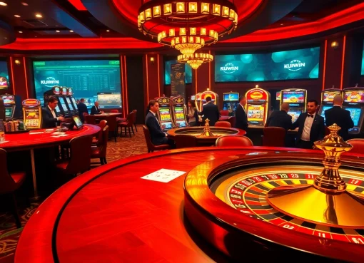 Exciting scene of gambling at KUWIN with poker table, roulette wheel, and vibrant players.