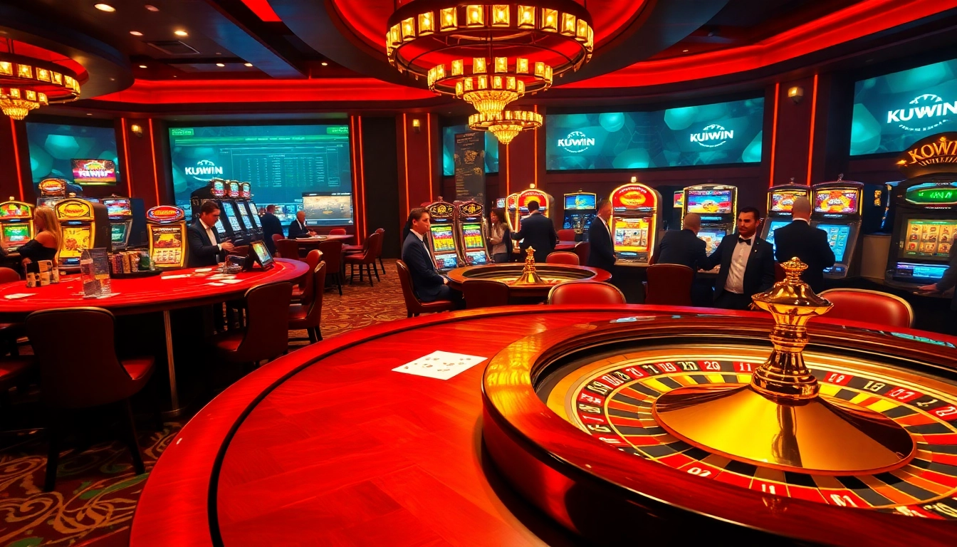 Exciting scene of gambling at KUWIN with poker table, roulette wheel, and vibrant players.