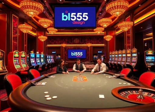 Experience the thrill of gambling at bl555.design with a vibrant casino scene featuring poker and slot machines.