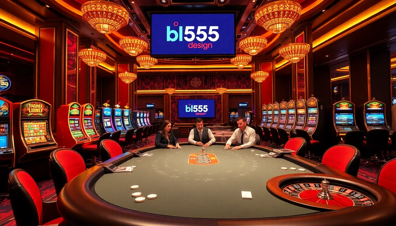Experience the thrill of gambling at bl555.design with a vibrant casino scene featuring poker and slot machines.