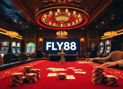 Experience the thrill of FLY88 with a luxurious casino scene featuring poker tables and vibrant slot machines.
