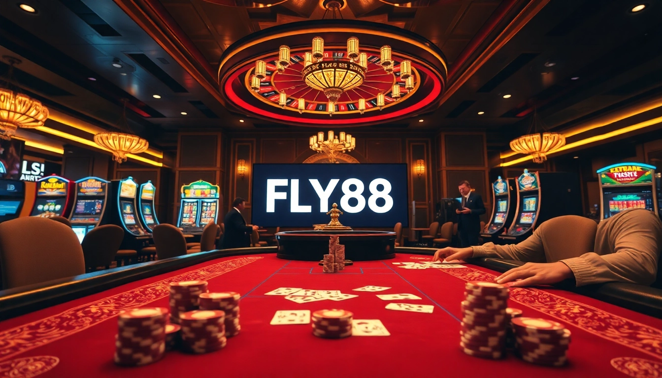Experience the thrill of FLY88 with a luxurious casino scene featuring poker tables and vibrant slot machines.