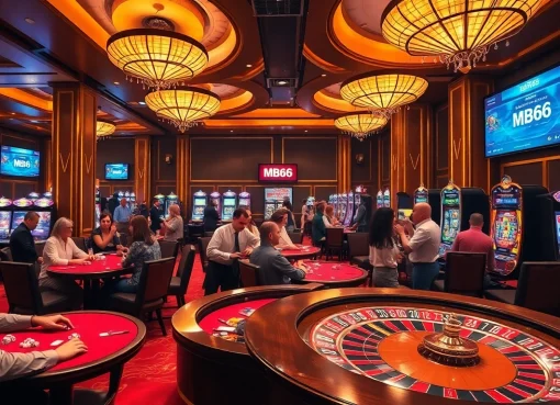 Experience the thrill of MB66 casino with players at vibrant gaming tables and exciting online interfaces.